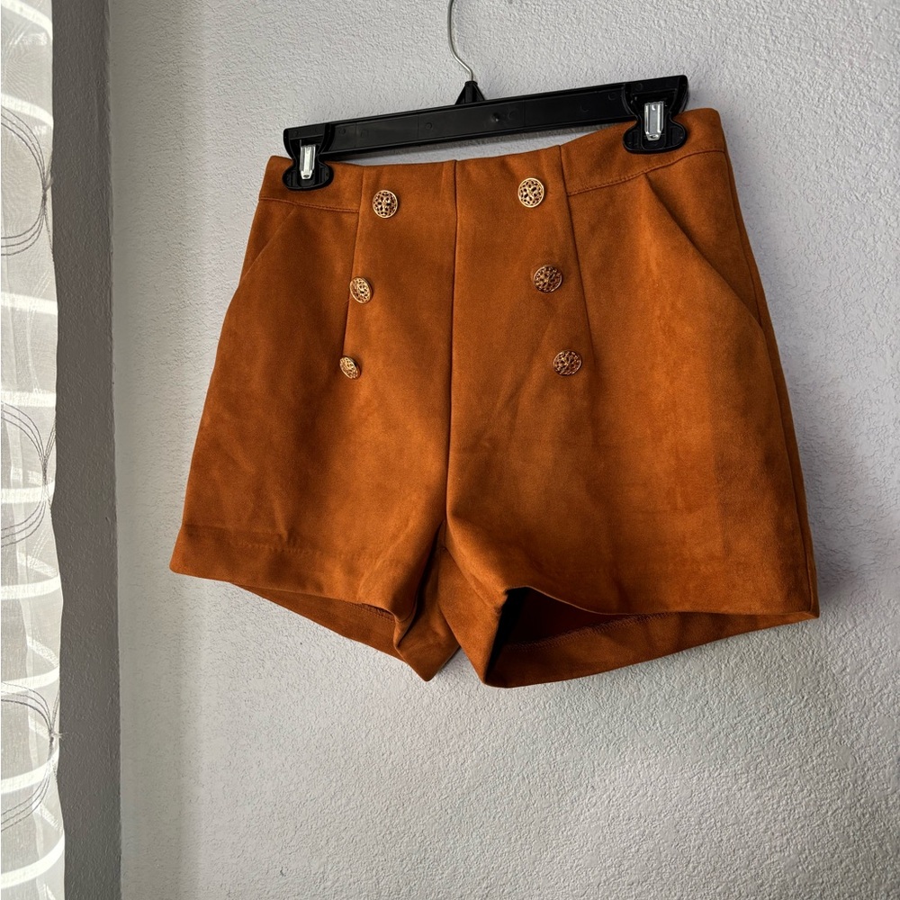 Burnt Orange High Waisted Suede Shorts Ft. Decorative Gold Buttons & Pockets - Picture 5 of 11